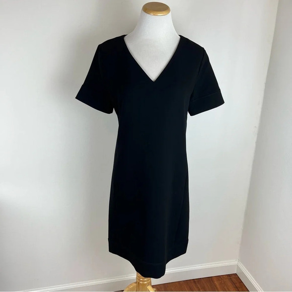 Theory V-neck Crepe Banded Shift Dress Admiral Crepe Light Solid Black Size 8 - Picture 3 of 7